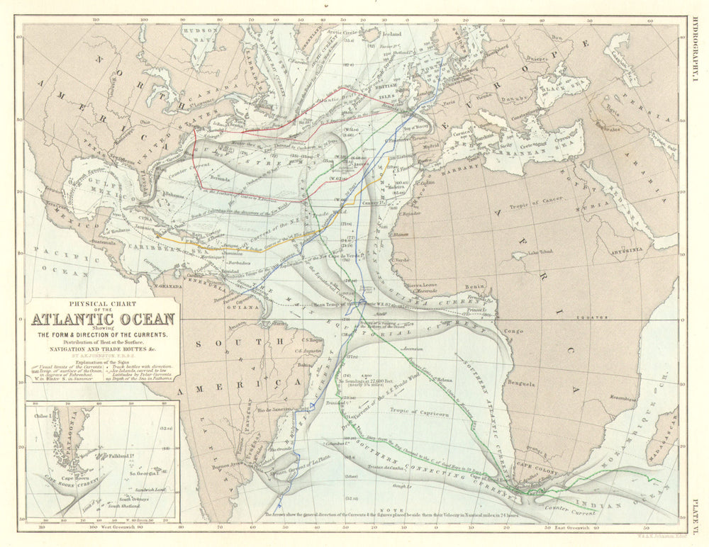 ATLANTIC OCEAN. Physical chart. Currents. Temperature. Trade routes 1850 map