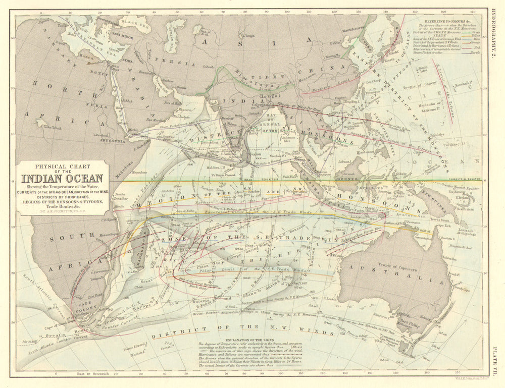 INDIAN OCEAN. Physical. Currents winds monsoons typhoons trade routes 1850 map