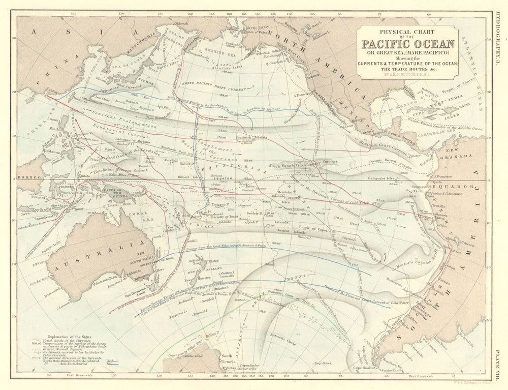 PACIFIC OCEAN. Physical chart. Currents, temperature & trade routes 1850 map