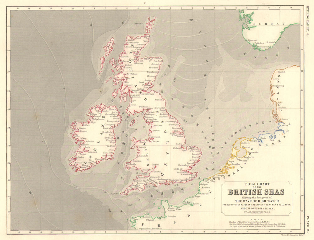BRITISH ISLES. Tidal chart. High water. Sea depth. Atlantic North Sea 1850 map