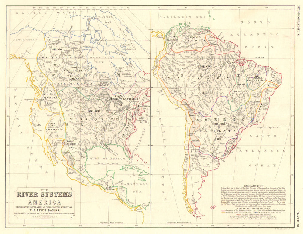 AMERICAS.North & South America river systems. Drainage divides/basins 1850 map