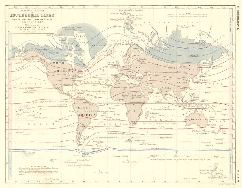 WORLD. Humboldt's isothermal lines (equal annual mean temperature) 1850 map