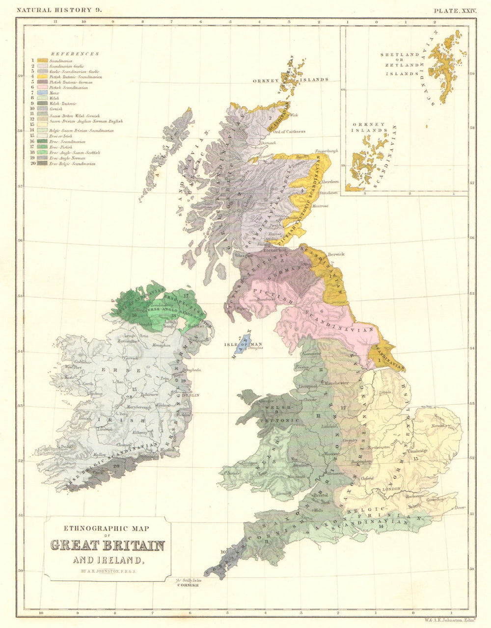 UK. Ethnographic map of Great Britain and Ireland 1850 old antique chart