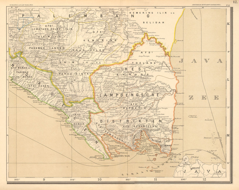 DUTCH EAST INDIES. Indonesia. SUMATRA. Lampung Bengkulu. DORNSEIFFEN 1892 map