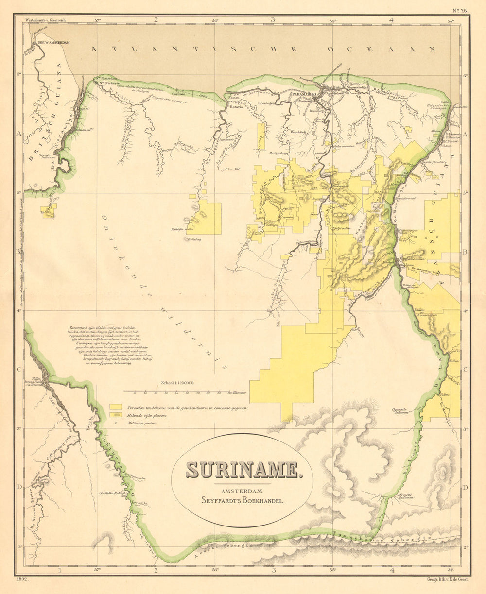 SURINAME. Surinam. Dutch Guiana. South America. DORNSEIFFEN 1892 old map
