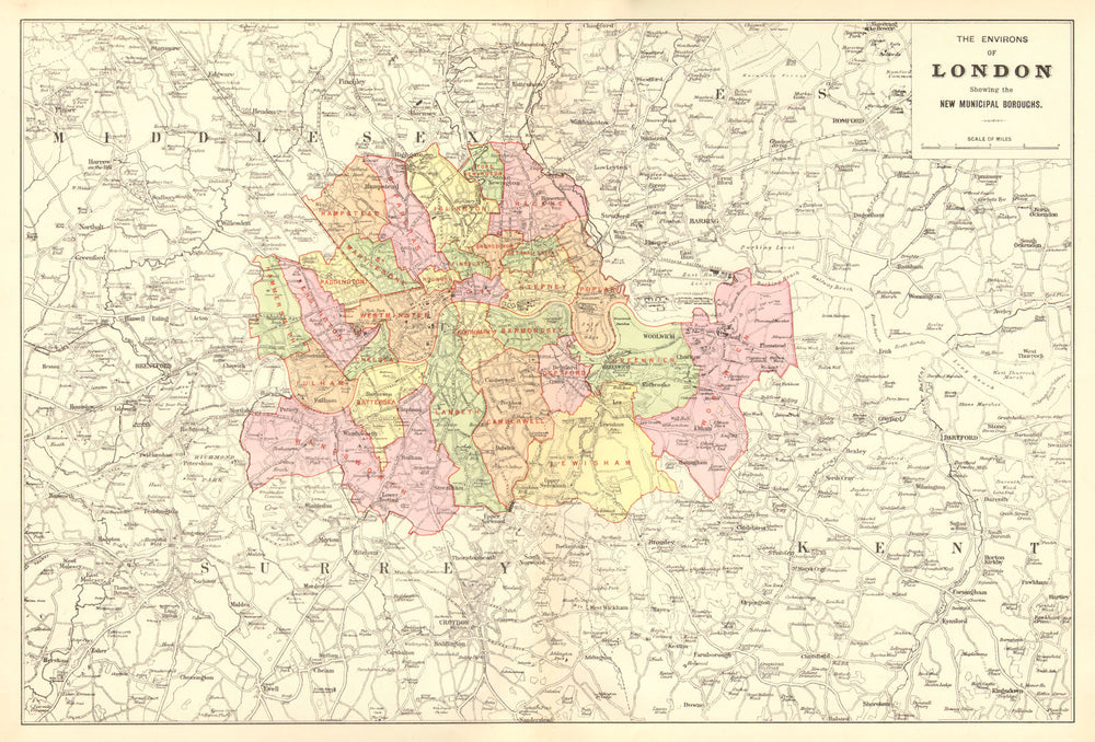 GREATER LONDON ENVIRONS. Showing new Municipal Boroughs. BACON 1902 old map