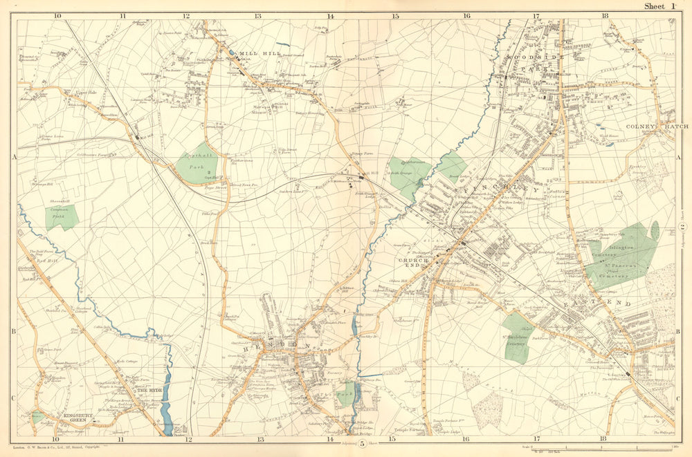 FINCHLEY/HENDON. Mill Hill,Colindale,Colney Hatch,Fortis Green.BACON 1902 map