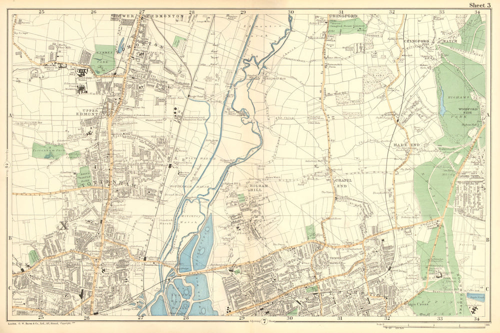 TOTTENHAM WALTHAMSTOW EDMONTON.Chingford,Hale End,Epping Forest.BACON 1902 map