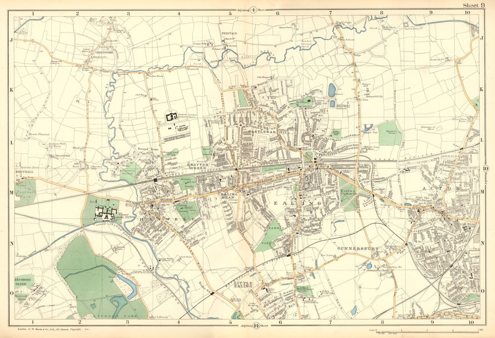 EALING/ACTON.Greenford,Hanwell,Gunnersbury,Perivale,Hanger Lane.BACON 1902 map