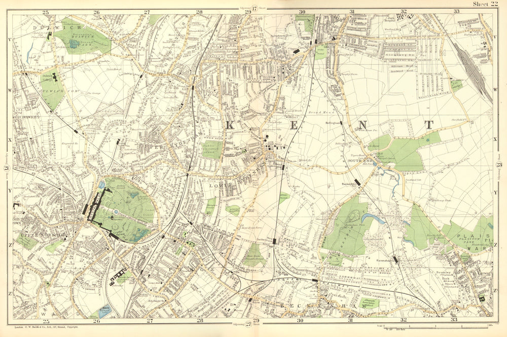 LONDON.Sydenham,Penge,Beckenham,Catford,Norwood,Dulwich,Lewisham.BACON 1902 map