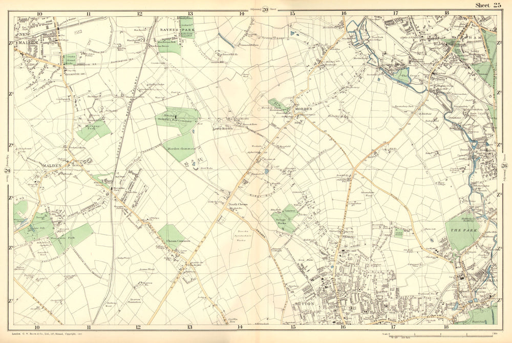 SUTTON. Carshalton,Morden,New Malden,Worcester Pk,Mitcham,Cheam.BACON 1902 map
