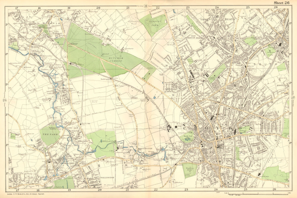 CROYDON.Mitcham,Carshalton,Wallington,Thornton Heath,Beddington.BACON 1902 map
