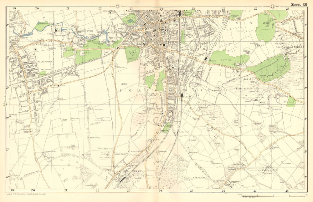 SOUTH CROYDON. Carshalton,Wallington,Waddon,Beddington,Purley.BACON 1902 map