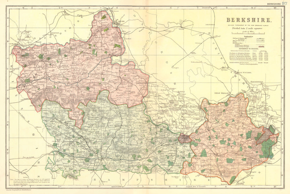 BERKSHIRE. County map.Parliamentary constituencies divisions.Railways.BACON 1902