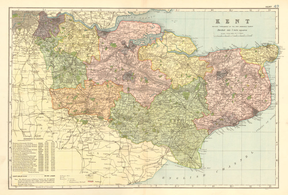 KENT. County map. Parliamentary constituencies divisions. Railways. BACON 1902