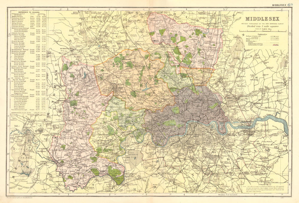 MIDDLESEX inc LONDON.County map.Parliamentary constituencies.Railways.BACON 1902