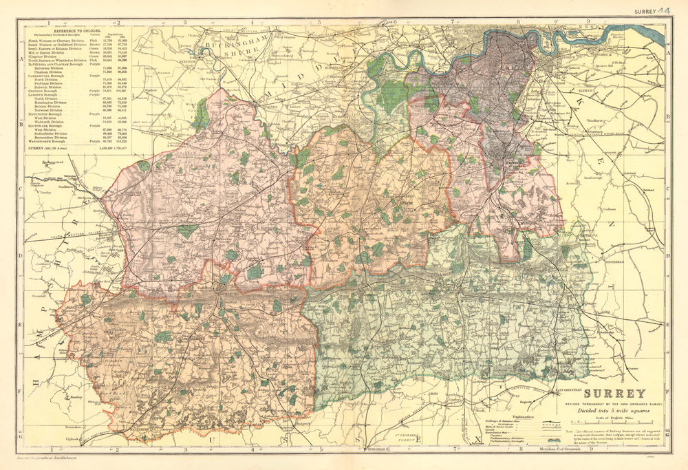 SURREY. County map. Parliamentary constituencies divisions. Railways. BACON 1902