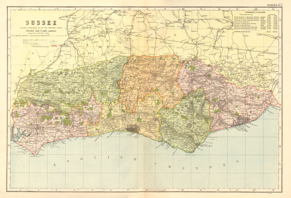 SUSSEX. County map. Parliamentary constituencies divisions. Railways. BACON 1902