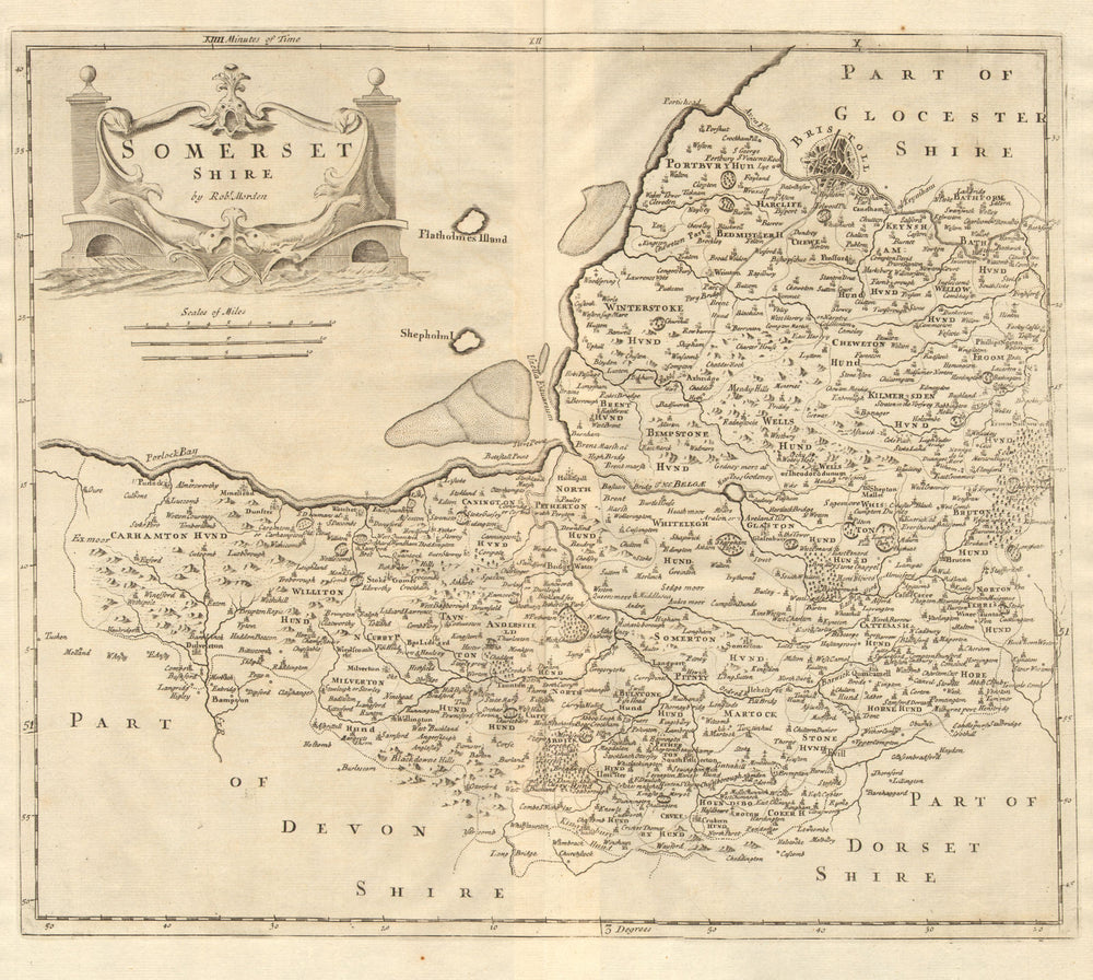 SOMERSET SHIRE. by ROBERT MORDEN from Camden's Britannia. Bristol plan 1772 map