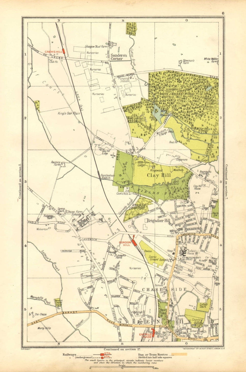 ENFIELD. Clay Hill, Chase Side,Gordon Hill,Crews Hill, Brigadier Hill 1928 map
