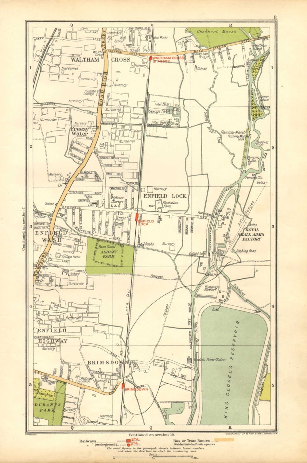 ENFIELD. Lock, Wash, Highway; Waltham Cross, Brimsdown, Freezy Water 1928 map