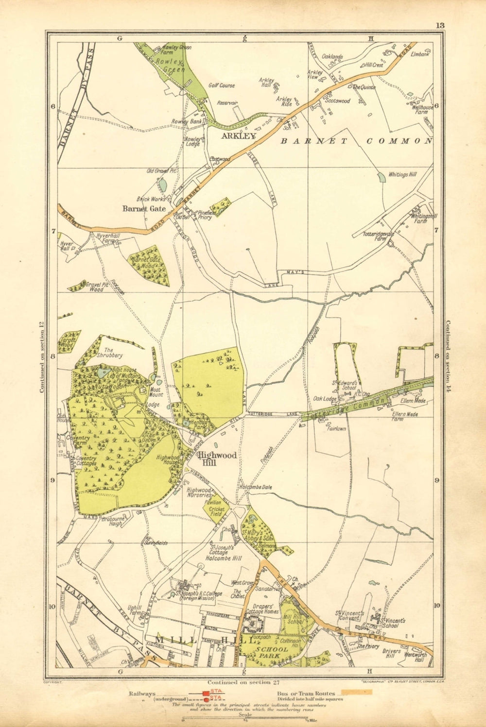 LONDON. Arkley, Barnet Gate, Highwood Hill, Mill Hill 1928 old vintage map