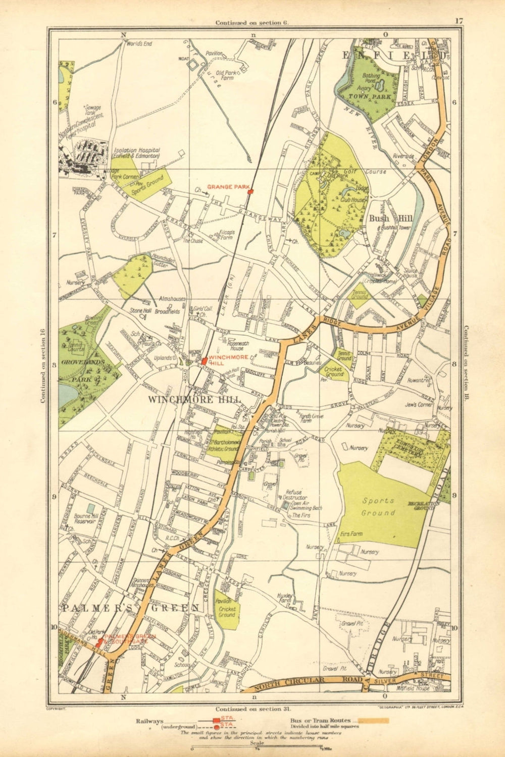 SOUTHGATE. Winchmore Hill, Grange Park, Palmers Green, Bush Hill 1928 old map