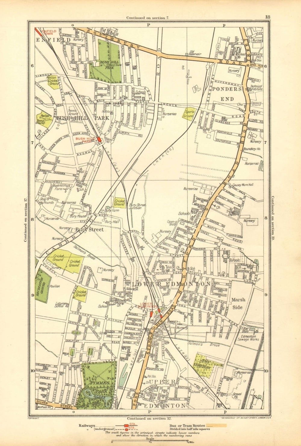 EDMONTON. Bush Hill Park, Ponders End, Enfield Town, Bury Street 1928 old map
