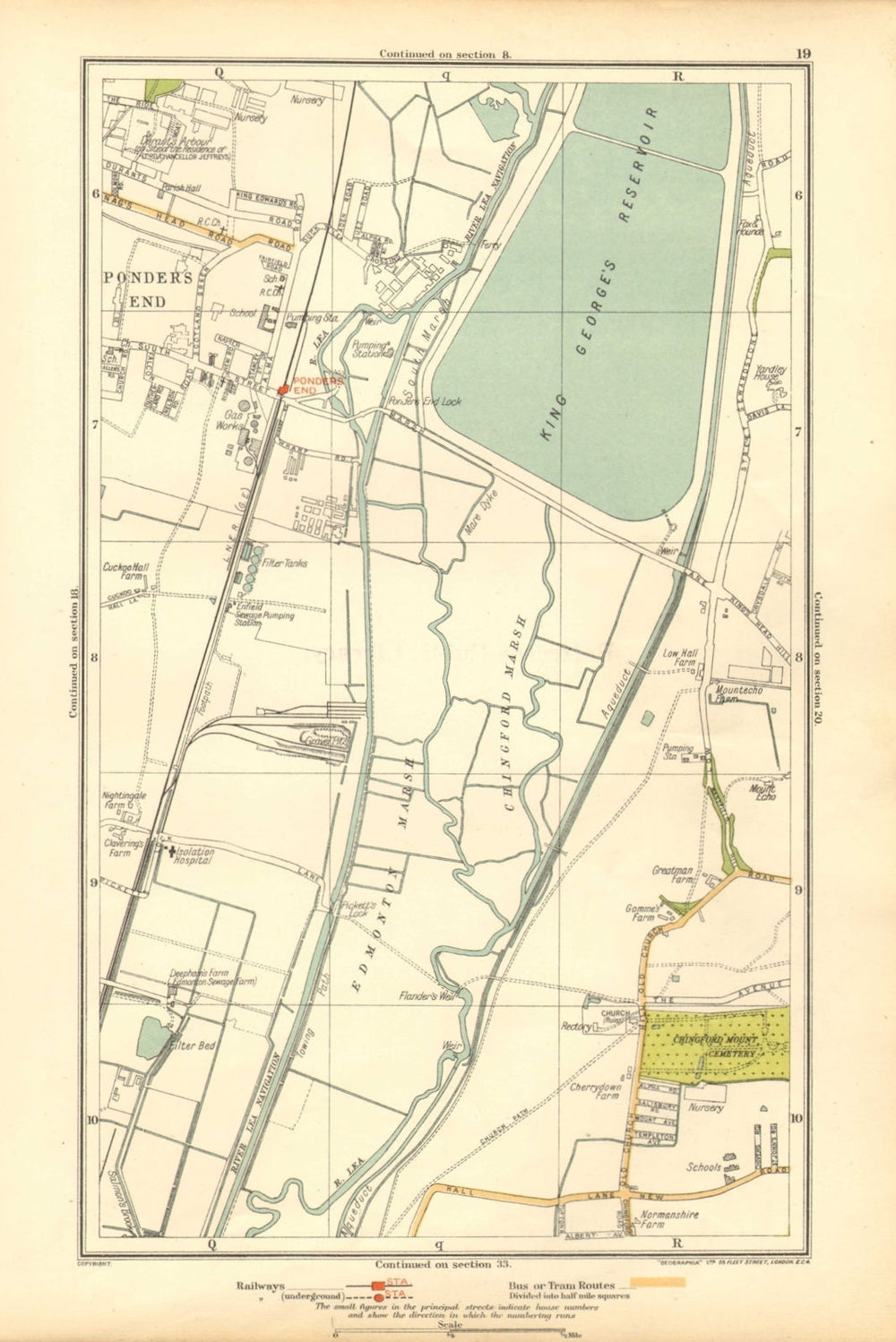 LONDON. Ponders End, Chingford Marsh, Edmonton Marsh 1928 old vintage map