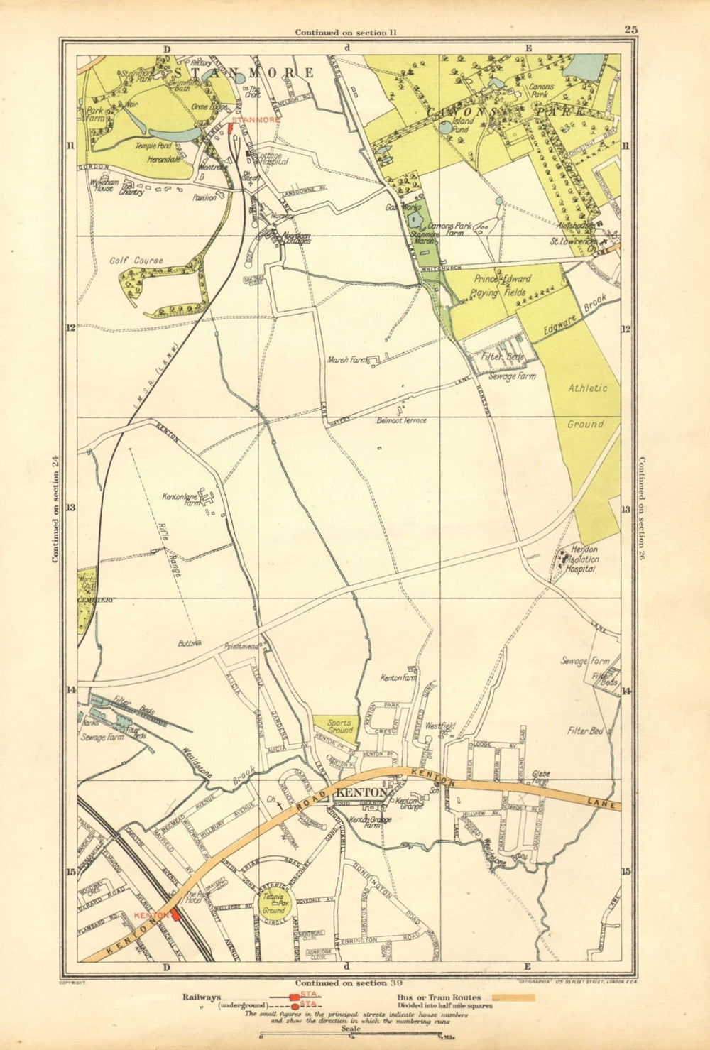 KENTON. Belmont, Stanmore, Canons Park, Edgware 1928 old vintage map chart