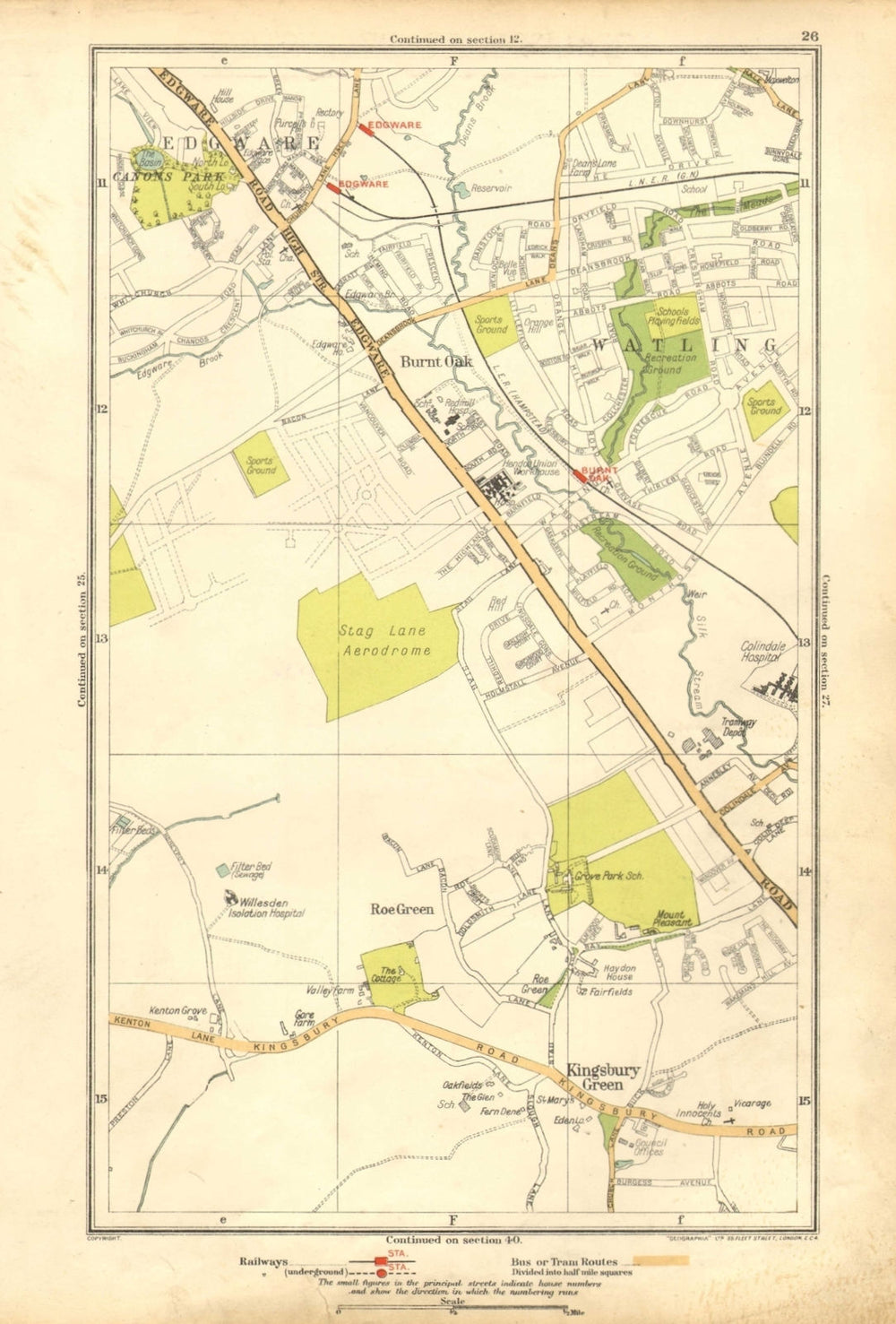 EDGWARE.Burnt Oak,Kingsbury Green,Queensbury,Stanmore,Watling,Roe Grn 1928 map