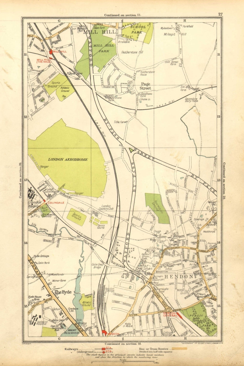 HENDON. The Hyde, Mill Hill, Colindale, Edgware, Southfields 1928 old map