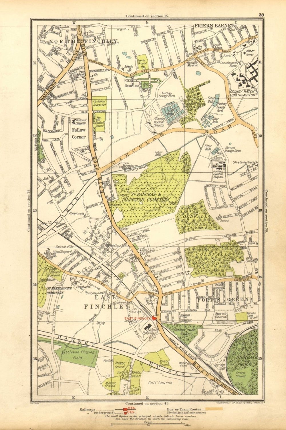 FINCHLEY. Fortis Green, Friern Barnet, Muswell Hill, Fallow Corner 1928 map