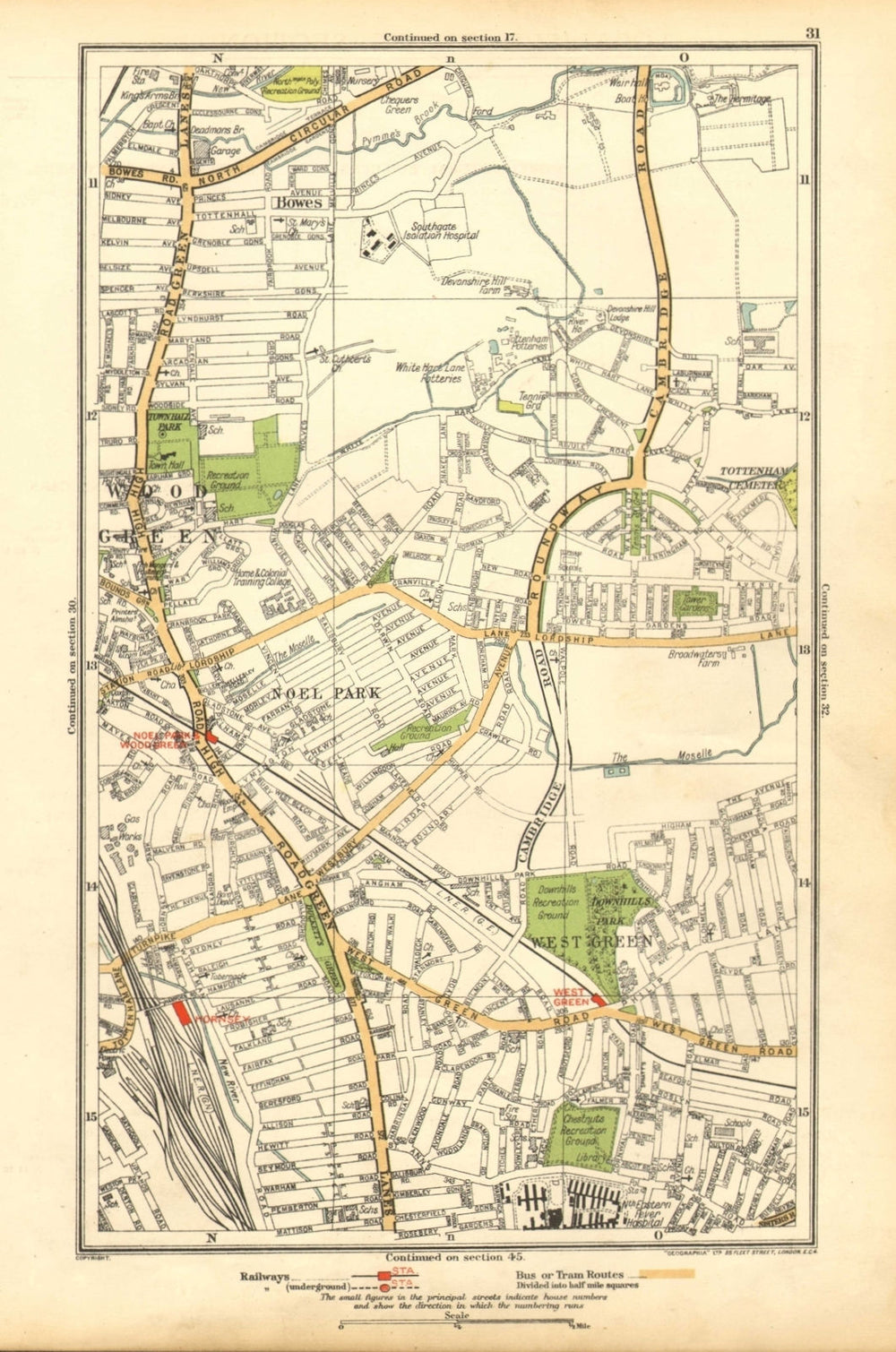 WOOD GREEN. Tottenham, Bowes, Noel Park, West Green, Turnpike Lane 1928 map