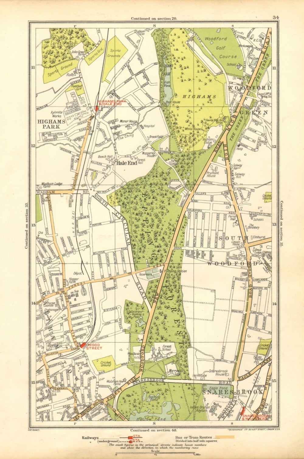 WOODFORD GREEN. Hale End, Highams Park, Snaresbrook, Wanstead 1928 old map