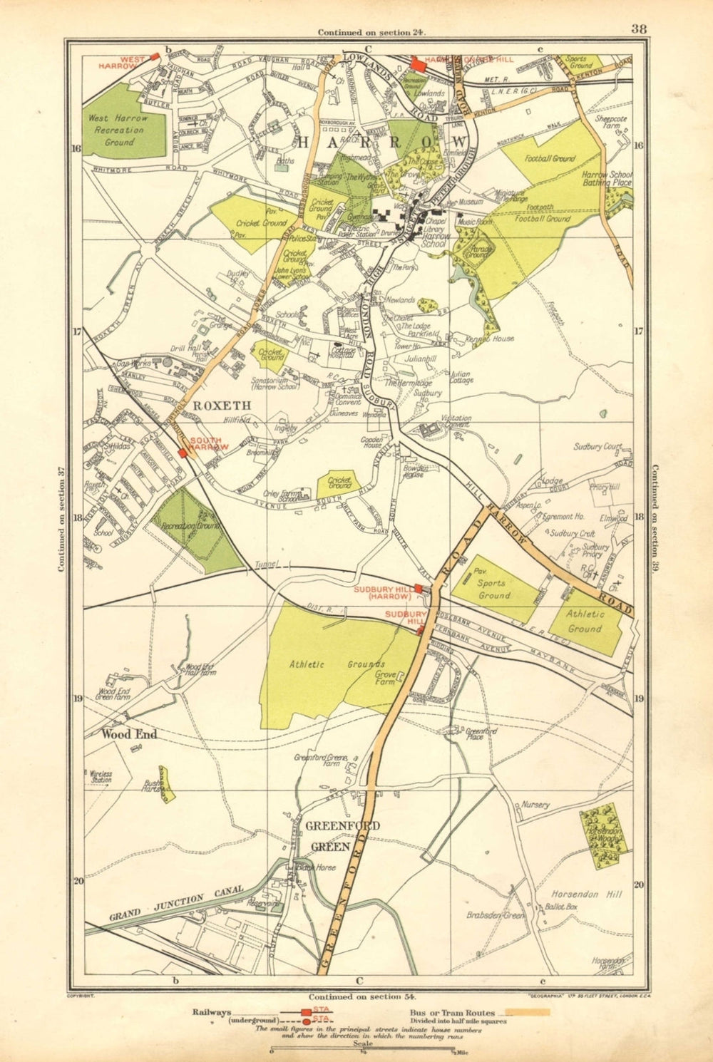 LONDON. Greenford Green,Harrow,Harrow on the Hill,Roxeth,Sudbury Hill 1928 map