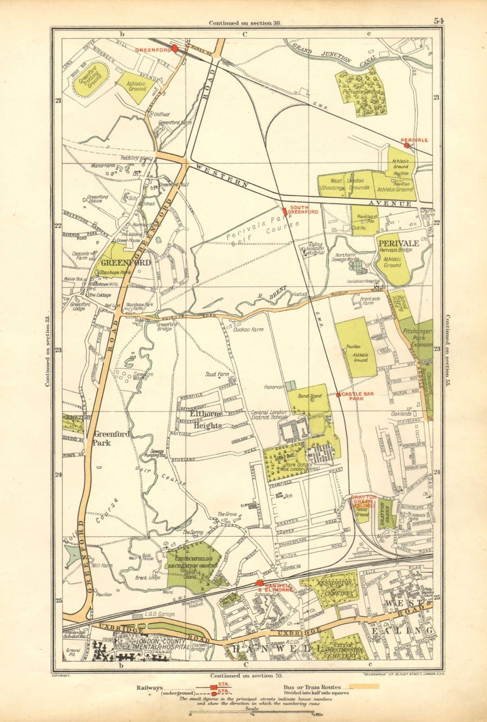GREENFORD.Perivale,West Ealing,Hanwell,Elthorne Heights,Drayton Green 1928 map
