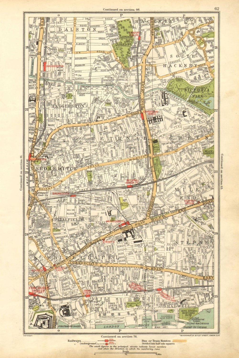 EAST END.Shoreditch,Bethnal Green,Stepney,Hackney,Mile End,Haggerston 1928 map