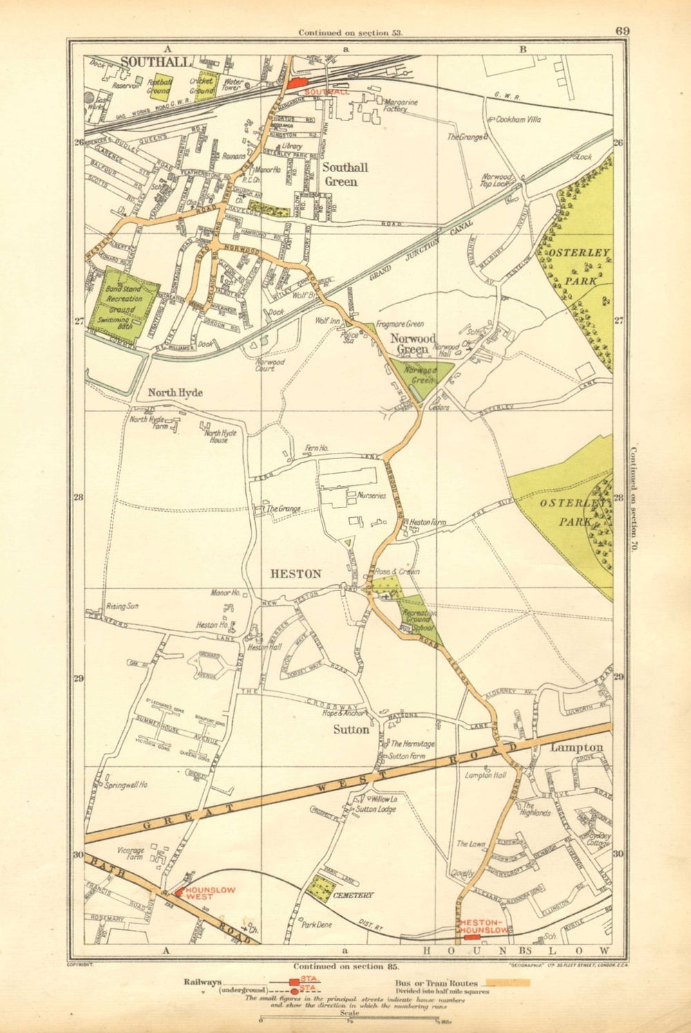 HESTON. Hounslow,Lampton,Norwood Green,Southall,North Hyde,Sutton 1928 old map