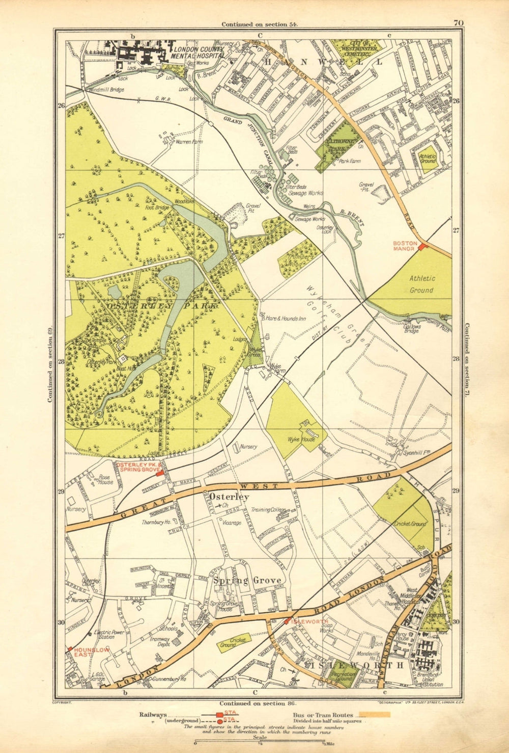 LONDON. Isleworth, Osterley, Spring Grove, Hounslow, Boston Manor 1928 old map