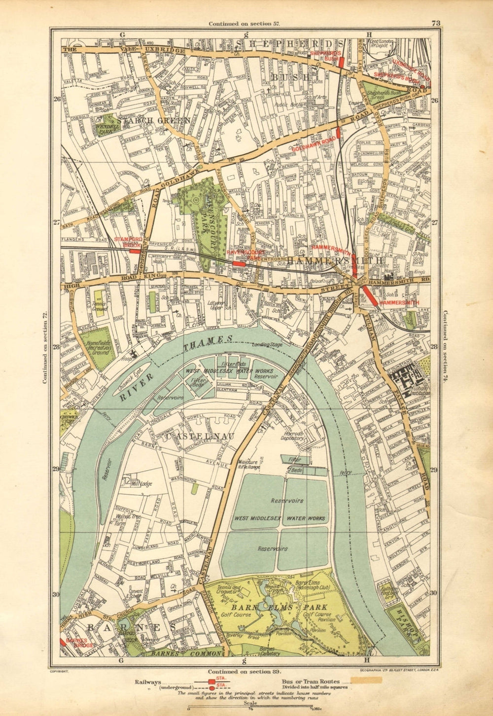 HAMMERSMITH. Barnes, Shepherds Bush, Fulham, Castlenau, Starch Green 1928 map