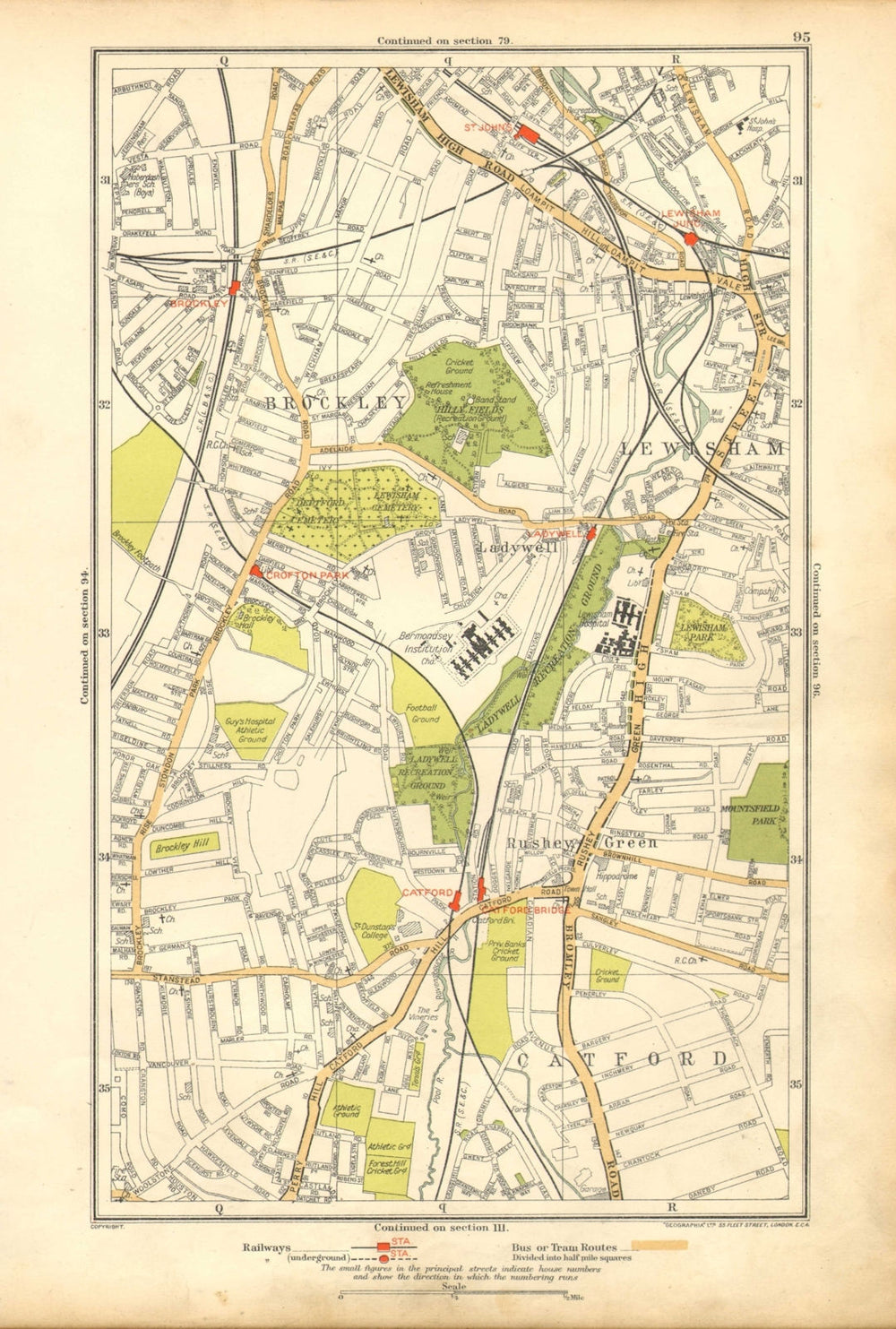 LEWISHAM. Brockley, Catford, Ladywell, New Cross, Rushey Green 1928 old map