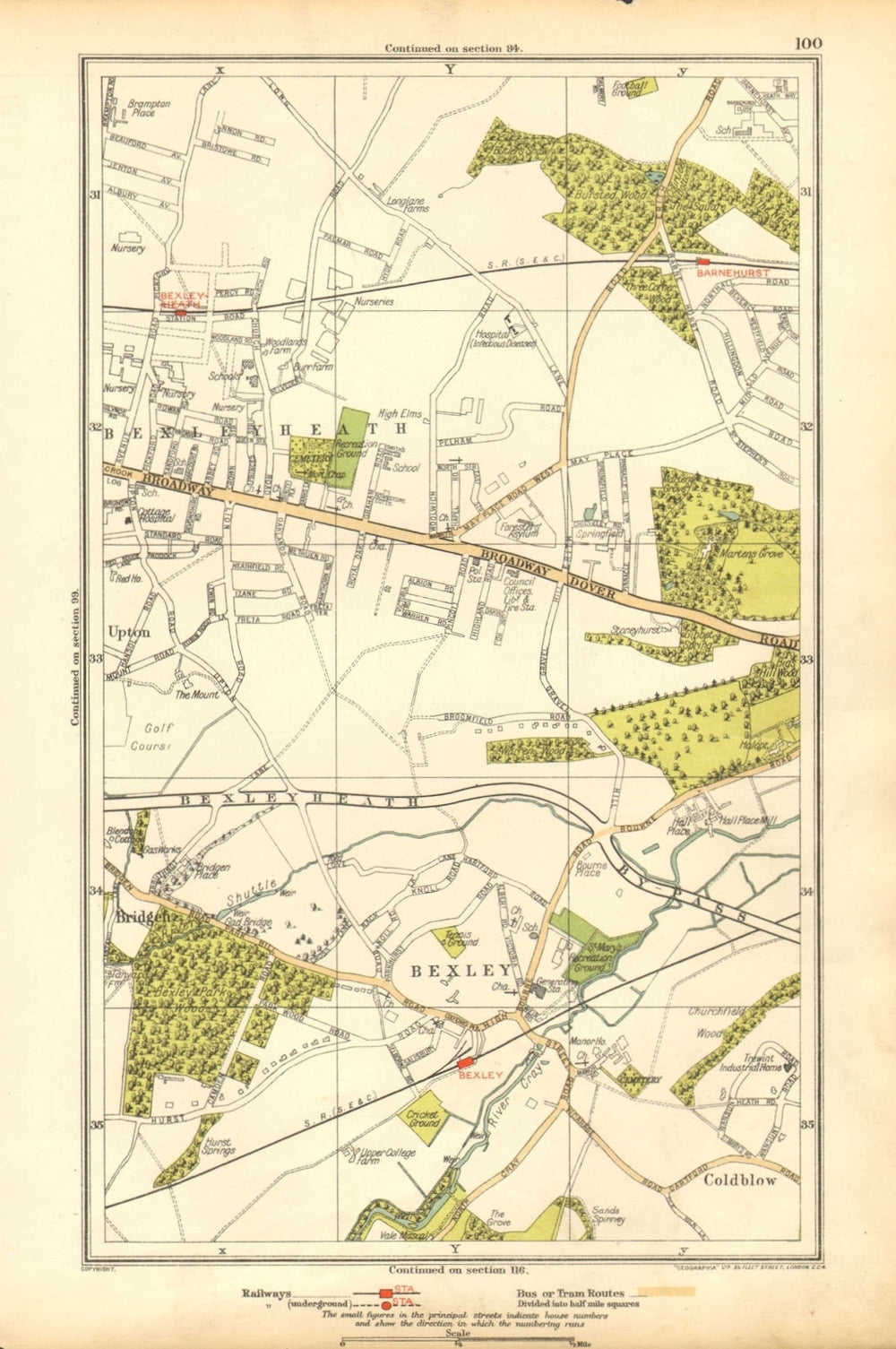LONDON. Bexley, Bexleyheath, Bridgen, Coldblow, Upton, Barnehurst 1928 map