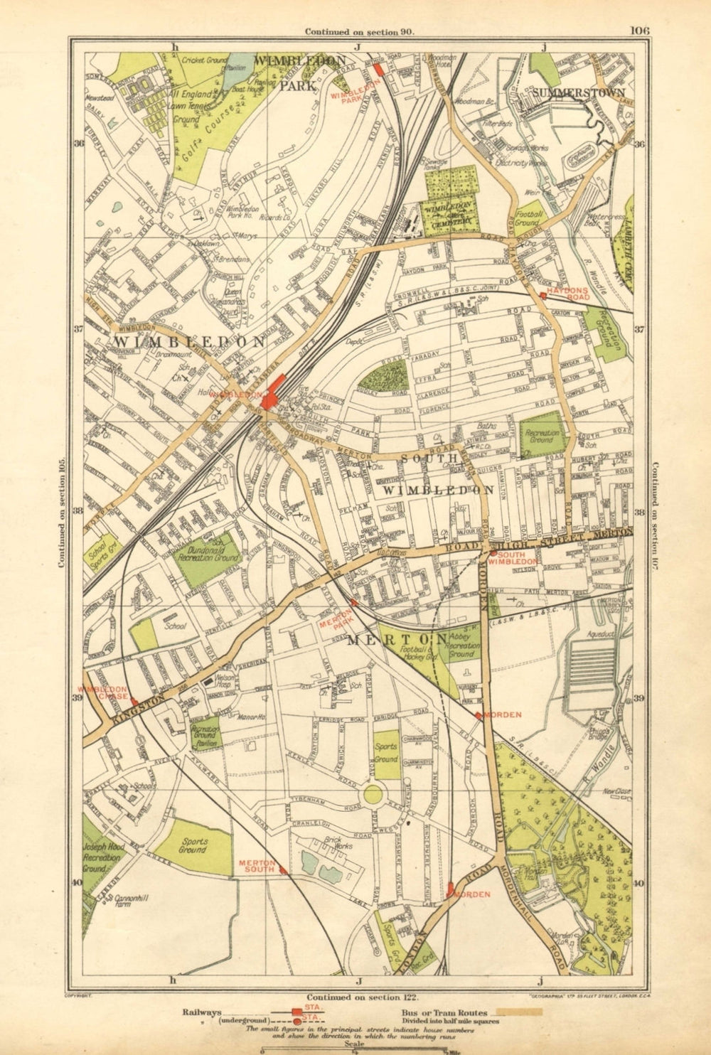 LONDON. Merton, South Wimbledon, Summerstown, Haydon's Road, Morden 1928 map
