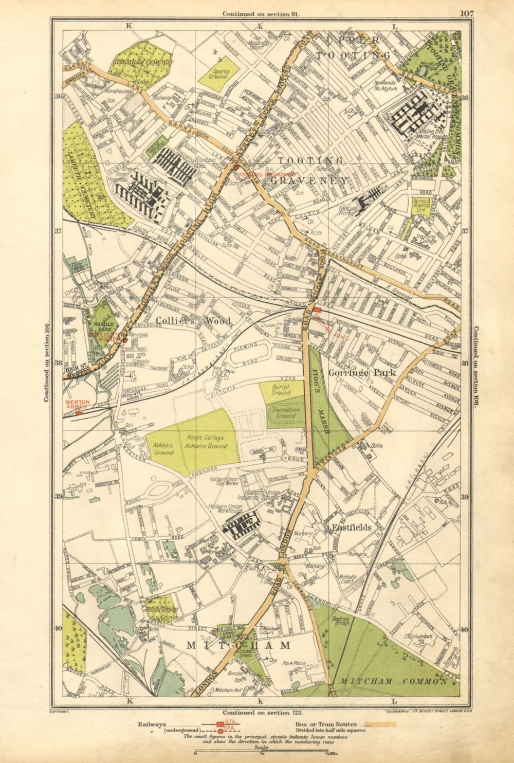 MITCHAM. Collier's Wood, Tooting Graveney, Furzedown, Eastfields 1928 old map