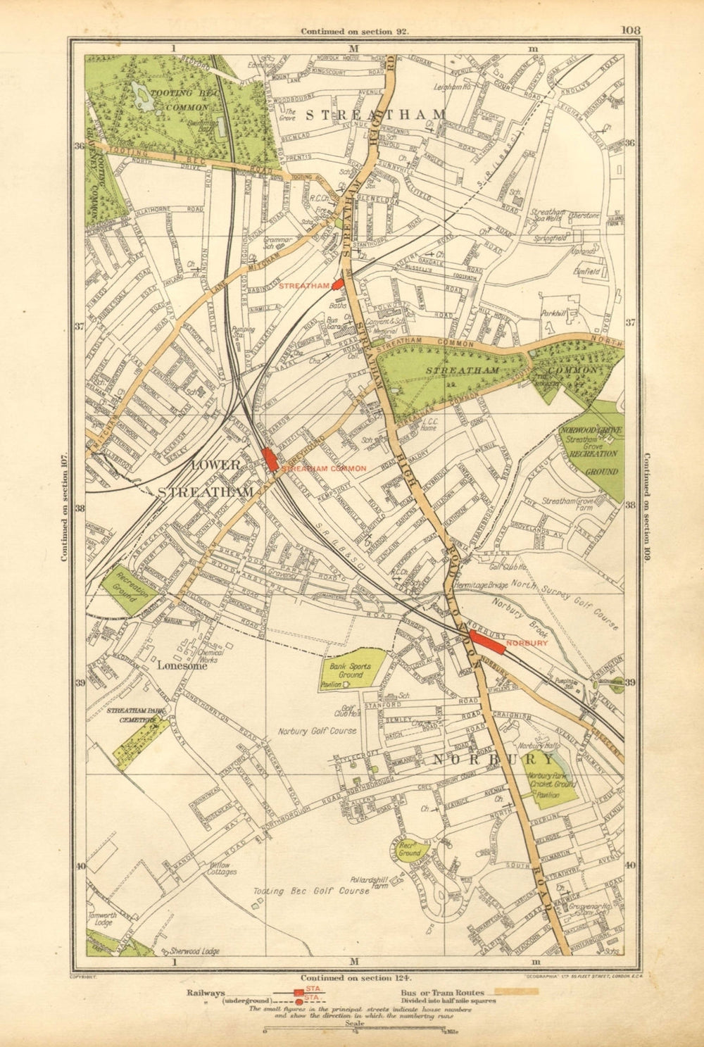 LONDON.Lonesome,Lower Streatham,Norbury,Streatham Common,Tooting Bec 1928 map