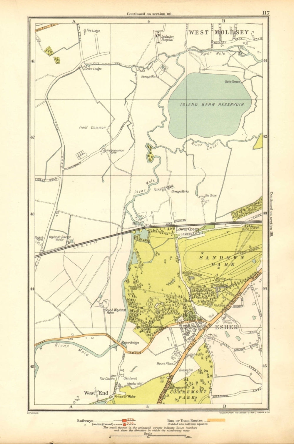 SURREY. Esher, Lower Green, West End, Sandown Park, West Molesey 1928 old map