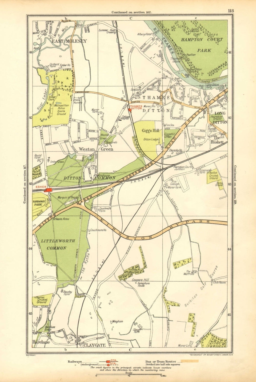 THAMES DITTON / LONG DITTON. Esher, East Molesey, Claygate, Harelane 1928 map