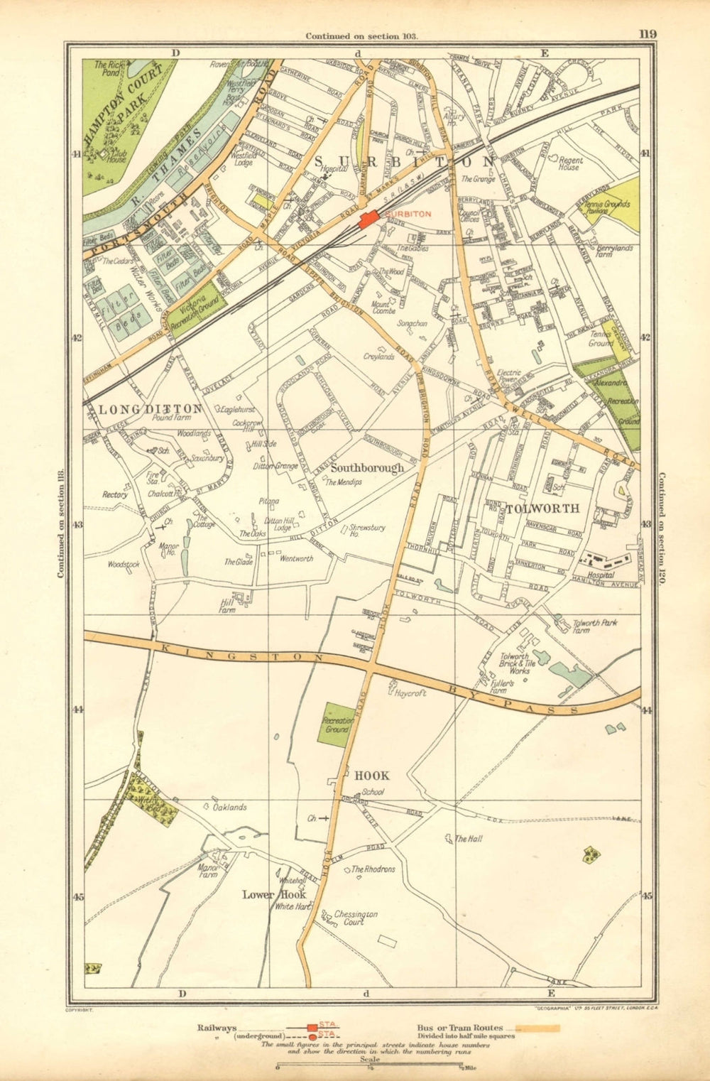 SURBITON. Hook, Long Ditton, Tolworth, Southborough, Surbiton 1928 old map