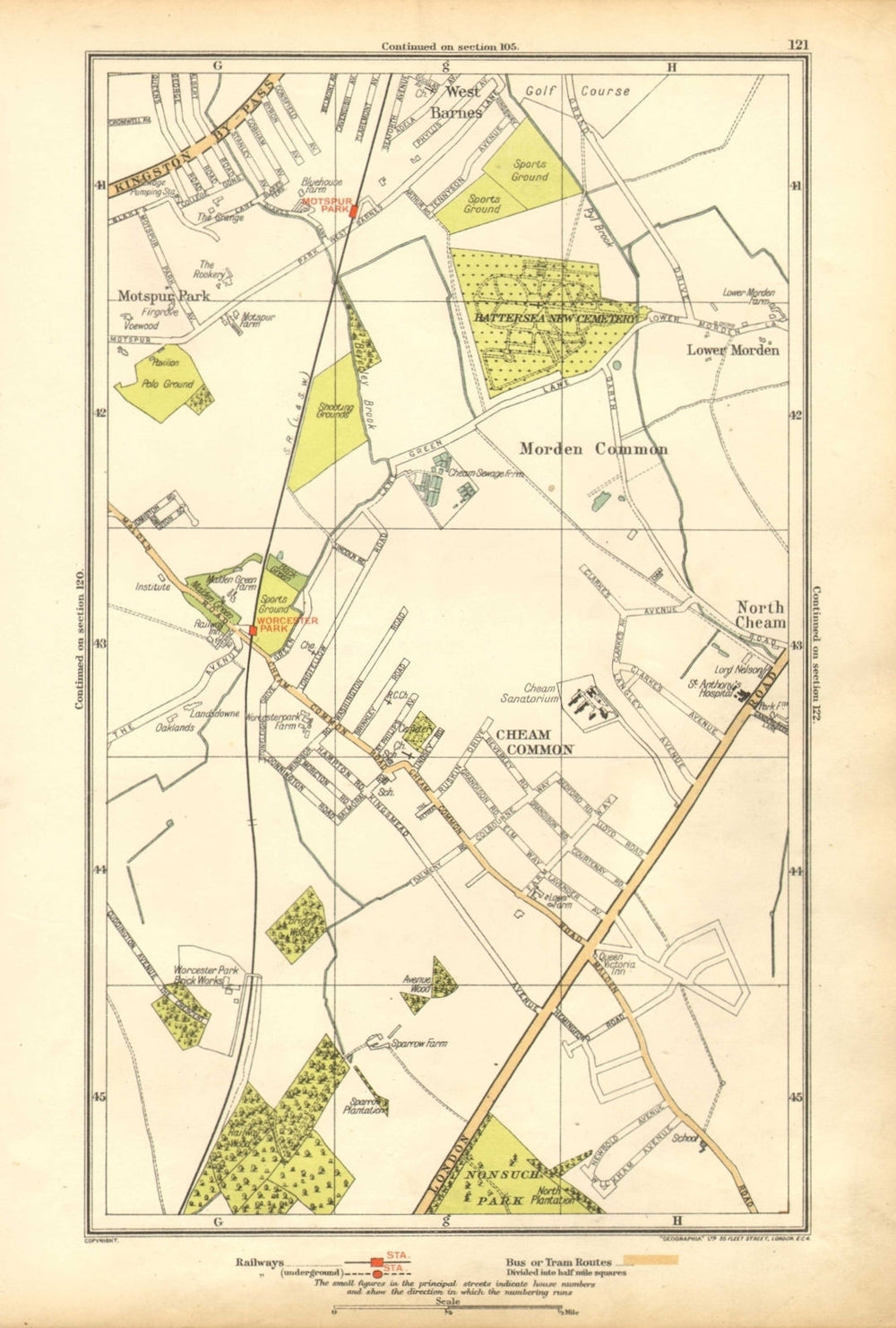 CHEAM. Stoneleigh; Worcester, Morden Common, Motspur Park,West Barnes 1928 map